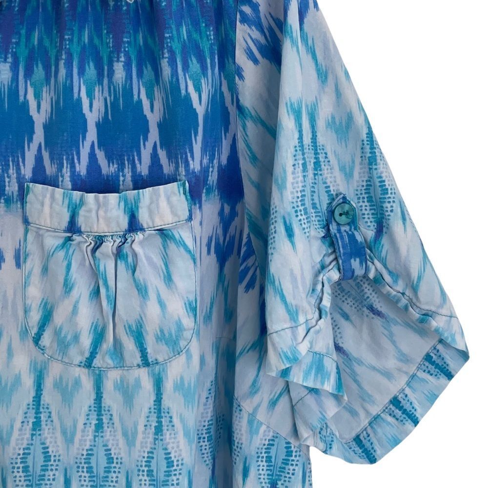 Oversized Camp Shirt Short Sleeve Button Up Blue White Ikat Print | Small/Medium - Picture 4 of 7